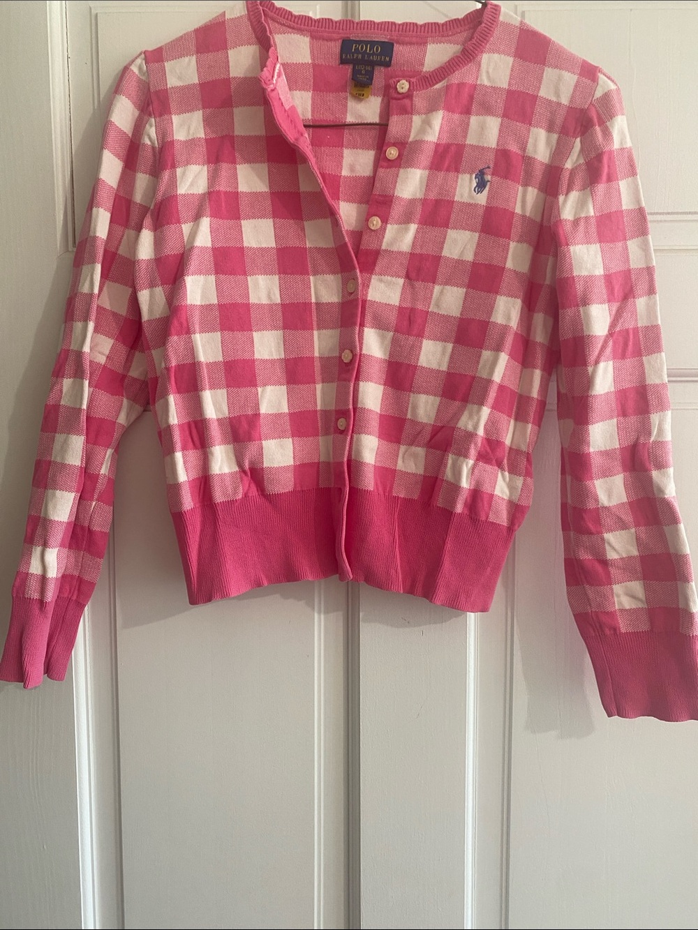 Polo by Ralph Lauren Pink and White Gingham Cropped Cardigan